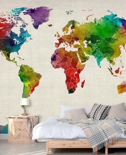 Michael Tompsettin värikäs vesivärikartta taustakuvamaalaus nimeltä Watercolor Map Of The World III Michael Tompsettin värikäs vesivärikartta taustakuvamaalaus nimeltä Watercolor Map Of The World III