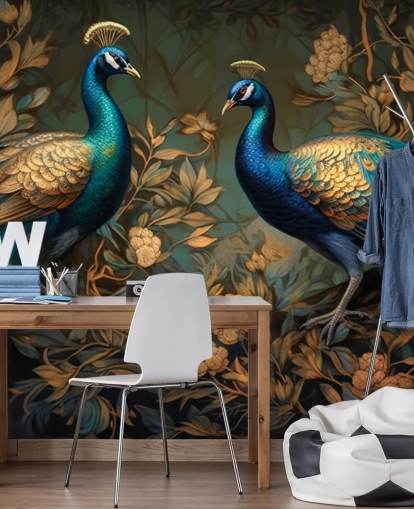 mural de papel de parede de pavão verde, azul e dourado chamado Green and Gold Peacocks para quartos e salas de estar mural de papel de parede de pavão verde, azul e dourado chamado Green and Gold Peacocks para quartos e salas de estar