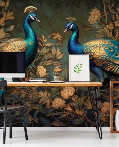 grüne, blaue und goldene Pfauentapete mit dem Titel Green and Gold Peacocks für Schlafzimmer und Wohnzimmer grüne, blaue und goldene Pfauentapete mit dem Titel Green and Gold Peacocks für Schlafzimmer und Wohnzimmer