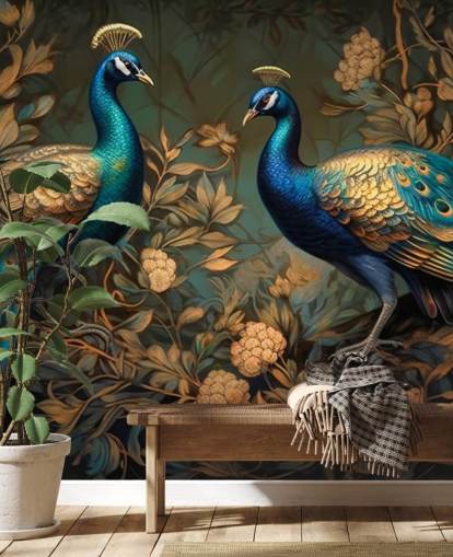 green, blue and gold peacock wallpaper mural called Green and Gold Peacocks for bedrooms and living rooms green, blue and gold peacock wallpaper mural called Green and Gold Peacocks for bedrooms and living rooms