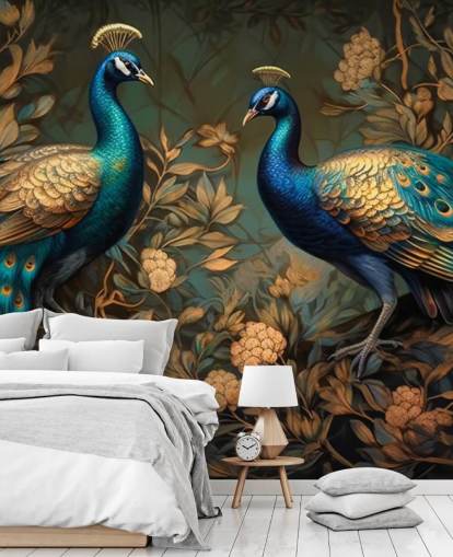 green, blue and gold peacock wallpaper mural called Green and Gold Peacocks for bedrooms and living rooms green, blue and gold peacock wallpaper mural called Green and Gold Peacocks for bedrooms and living rooms