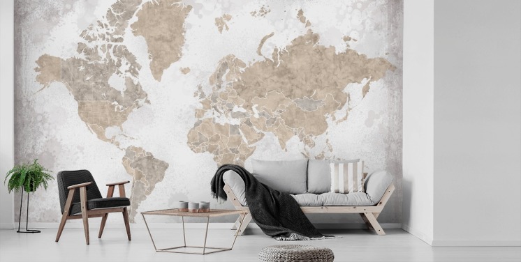 world map mural in neutral colours