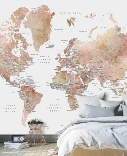 muurschildering op de wereldkaart met hoofdsteden in specerijen muurschildering op de wereldkaart met hoofdsteden in specerijen