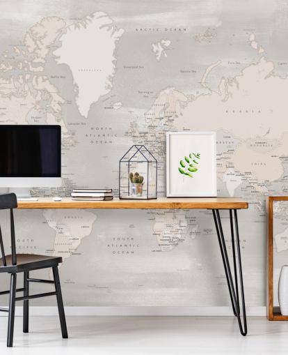 wereldkaart muurschildering met hoofdsteden in taupe wereldkaart muurschildering met hoofdsteden in taupe