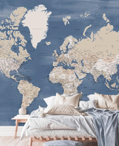 murale con mappa del mondo con città e oceano blu murale con mappa del mondo con città e oceano blu