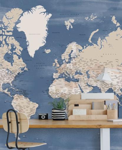 mural de mapa mundial con ciudades y océano azul mural de mapa mundial con ciudades y océano azul