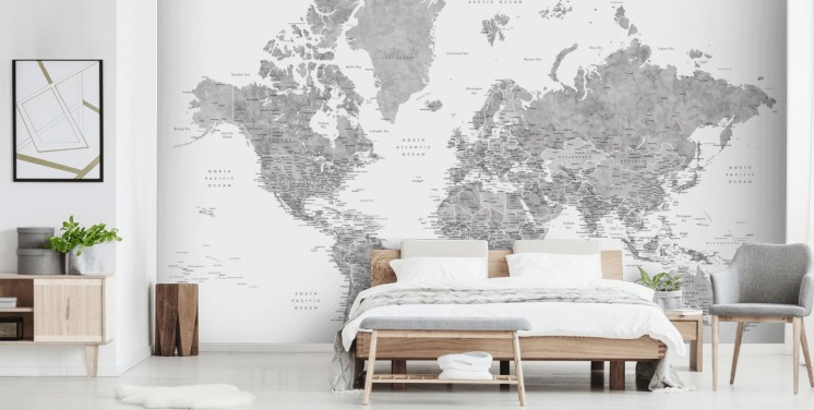 world map mural with cities in grey