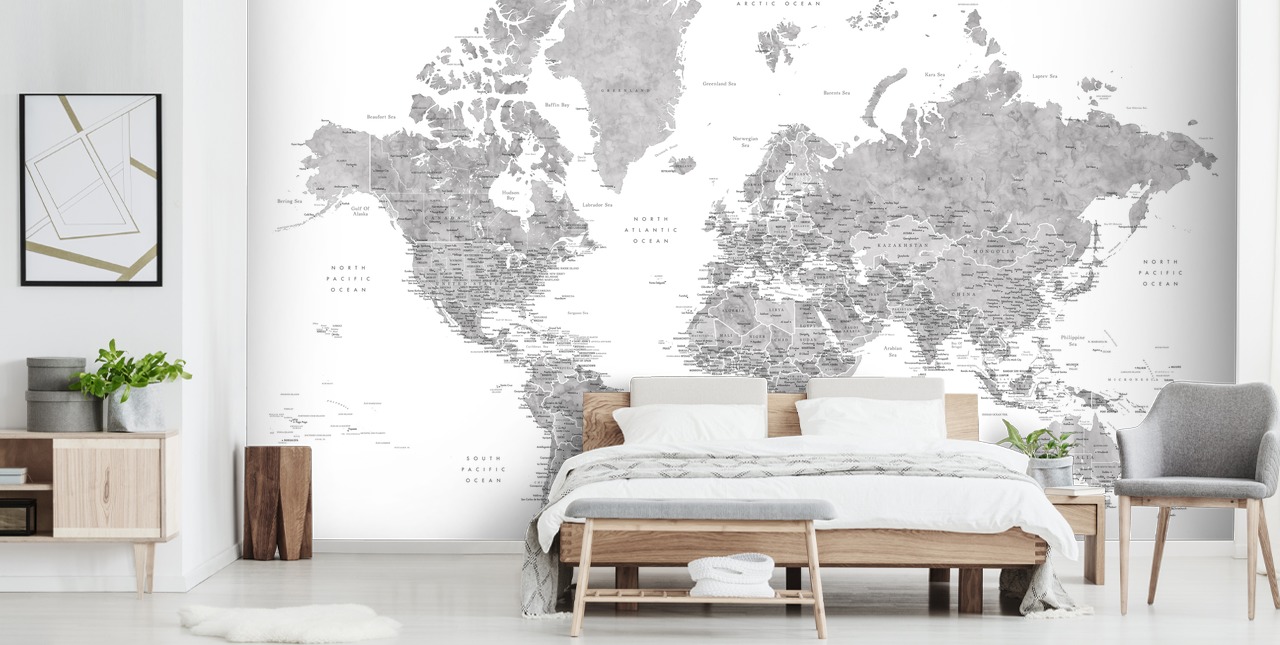 world map mural with cities in gray