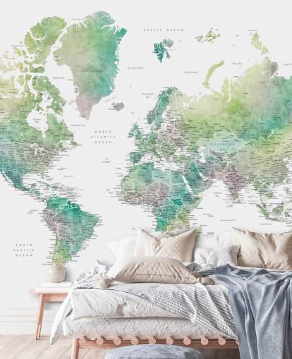world map wall mural with cities in jewel tones world map wall mural with cities in jewel tones