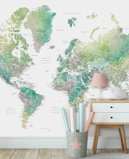 world map wall mural with cities in jewel tones world map wall mural with cities in jewel tones