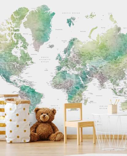 muurschildering van de wereldkaart met steden in juweeltinten muurschildering van de wereldkaart met steden in juweeltinten