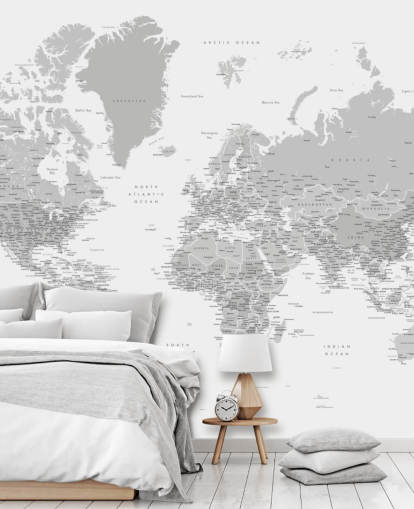verdenskart veggmaleri med byer i lysegrå verdenskart veggmaleri med byer i lysegrå