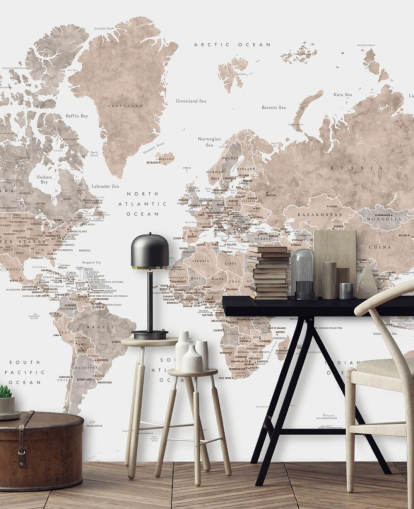 world map mural with cities in neutral colours world map mural with cities in neutral colours