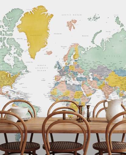 mural de mapa del mundo con ciudades en ocre mural de mapa del mundo con ciudades en ocre