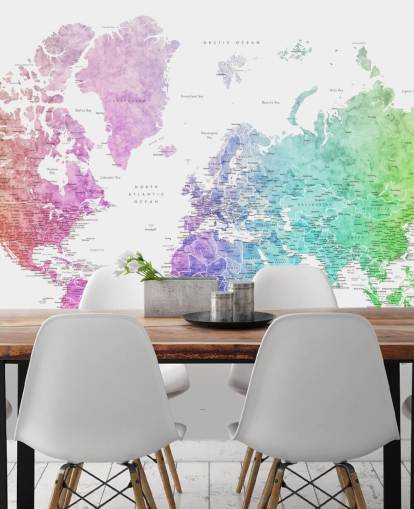 murale con mappa del mondo con città dai colori dell'arcobaleno murale con mappa del mondo con città dai colori dell'arcobaleno
