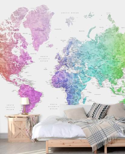 mural de parede do mapa-múndi com cidades em cores do arco-íris mural de parede do mapa-múndi com cidades em cores do arco-íris