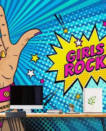 Decorazione murale pop art con mano femminile con cartello rock n roll e bolla vocale Girls Rock Decorazione murale pop art con mano femminile con cartello rock n roll e bolla vocale Girls Rock