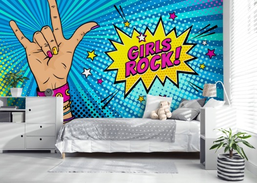 Pop art wall mural with female hand with rock n roll sign and Girls Rock speech bubble