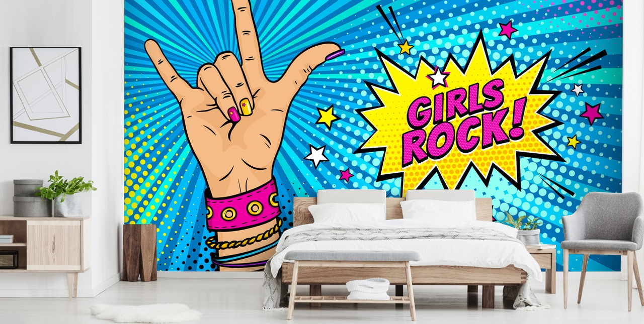 Pop-Art-Wandbild mit weiblicher Hand mit Rock'n'Roll-Schild und Girls Rock-Sprechblase