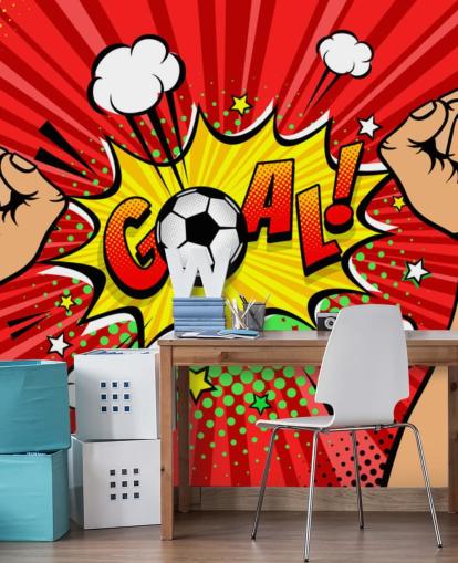 Football fan male hands raised up and clenched into fists celebrating win and Goal speech bubble wallpaper mural Football fan male hands raised up and clenched into fists celebrating win and Goal speech bubble wallpaper mural