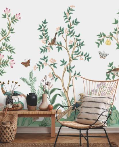mural de papel pintado de chinoiserie blanco llamado White Chinoiserie Bird Sanctuary para dormitorios y salas de estar mural de papel pintado de chinoiserie blanco llamado White Chinoiserie Bird Sanctuary para dormitorios y salas de estar