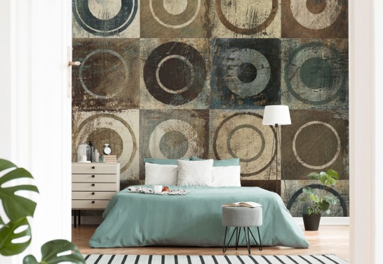 papel pintado círculo marrón, crema y gris