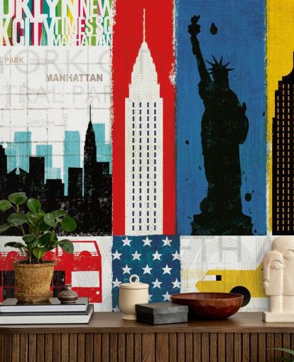 blå, röd, gul och vit abstrakt av New York city tapeter blå, röd, gul och vit abstrakt av New York city tapeter