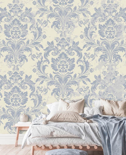 Tapeten-Wandbild mit weißem und blauem Muster namens Classical Damask für Schlafzimmer, Wohnzimmer und Flure Tapeten-Wandbild mit weißem und blauem Muster namens Classical Damask für Schlafzimmer, Wohnzimmer und Flure