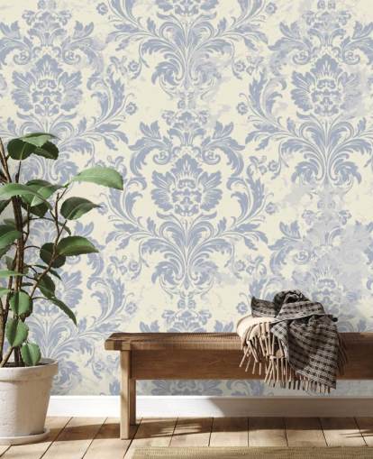 behangmuurschildering met wit en blauw patroon genaamd Classical Damask voor slaapkamers, woonkamers en gangen behangmuurschildering met wit en blauw patroon genaamd Classical Damask voor slaapkamers, woonkamers en gangen