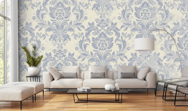 white and blue pattern wallpaper mural called Classical Damask for bedrooms, living rooms and hallways