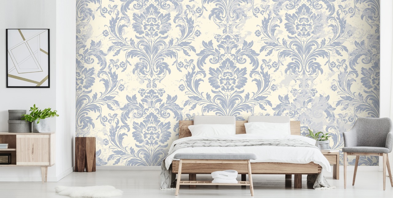 Tapeten-Wandbild mit weißem und blauem Muster namens Classical Damask für Schlafzimmer, Wohnzimmer und Flure