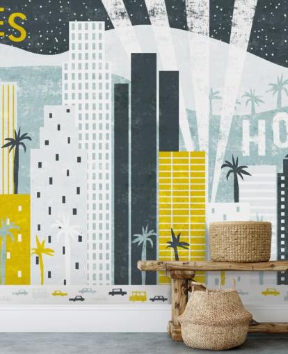 wit, blauw en geel stadsabstract van LA behang wit, blauw en geel stadsabstract van LA behang