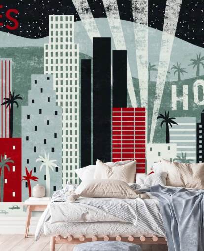 red customisable LA wallpaper mural called Hey Los Angeles Red by Michael Mullan red customisable LA wallpaper mural called Hey Los Angeles Red by Michael Mullan