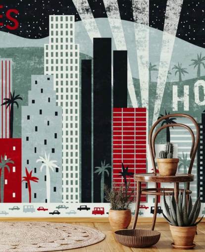 red customizable LA wallpaper mural called Hey Los Angeles Red by Michael Mullan red customizable LA wallpaper mural called Hey Los Angeles Red by Michael Mullan