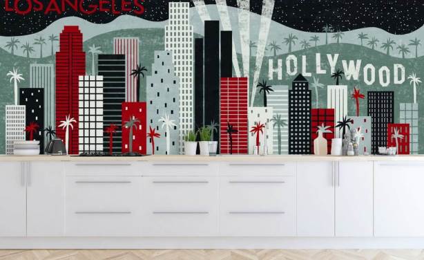 papier peint mural rouge personnalisable de Los Angeles appelé Hey Los Angeles Red par Michael Mullan