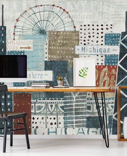 blue and white skyline wallpaper mural called Hey Chicago by Michael Mullan for homes, offices and businesses blue and white skyline wallpaper mural called Hey Chicago by Michael Mullan for homes, offices and businesses
