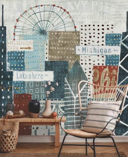 blauw-witte skyline behangmuurschildering genaamd Hey Chicago van Michael Mullan voor woningen, kantoren en bedrijven blauw-witte skyline behangmuurschildering genaamd Hey Chicago van Michael Mullan voor woningen, kantoren en bedrijven