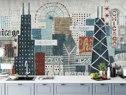 Blau-weiße Skyline-Wandtapete namens Hey Chicago von Michael Mullan für Häuser, Büros und Unternehmen