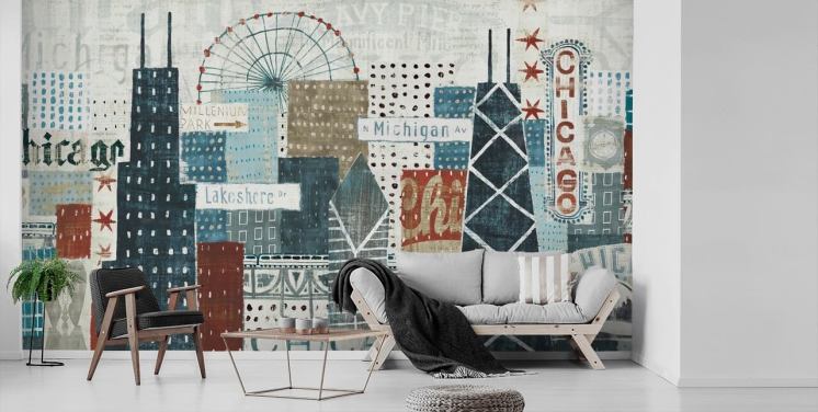 Blau-weiße Skyline-Wandtapete namens Hey Chicago von Michael Mullan für Häuser, Büros und Unternehmen