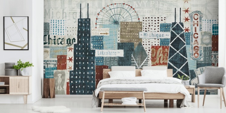 blå og hvit skyline tapetmaleri kalt Hey Chicago av Michael Mullan for hjem, kontorer og bedrifter