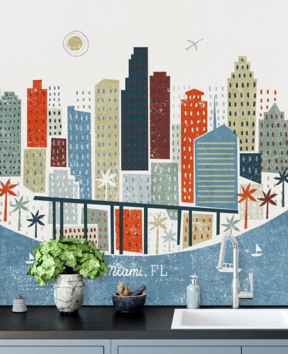 rood, blauw en wit stadsbeeld abstract van Miami behang rood, blauw en wit stadsbeeld abstract van Miami behang