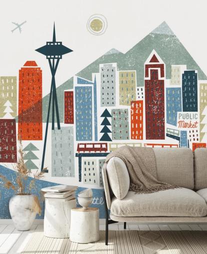 hvid, rød, rødbrun og blå abstrakt Seattle city tapet hvid, rød, rødbrun og blå abstrakt Seattle city tapet