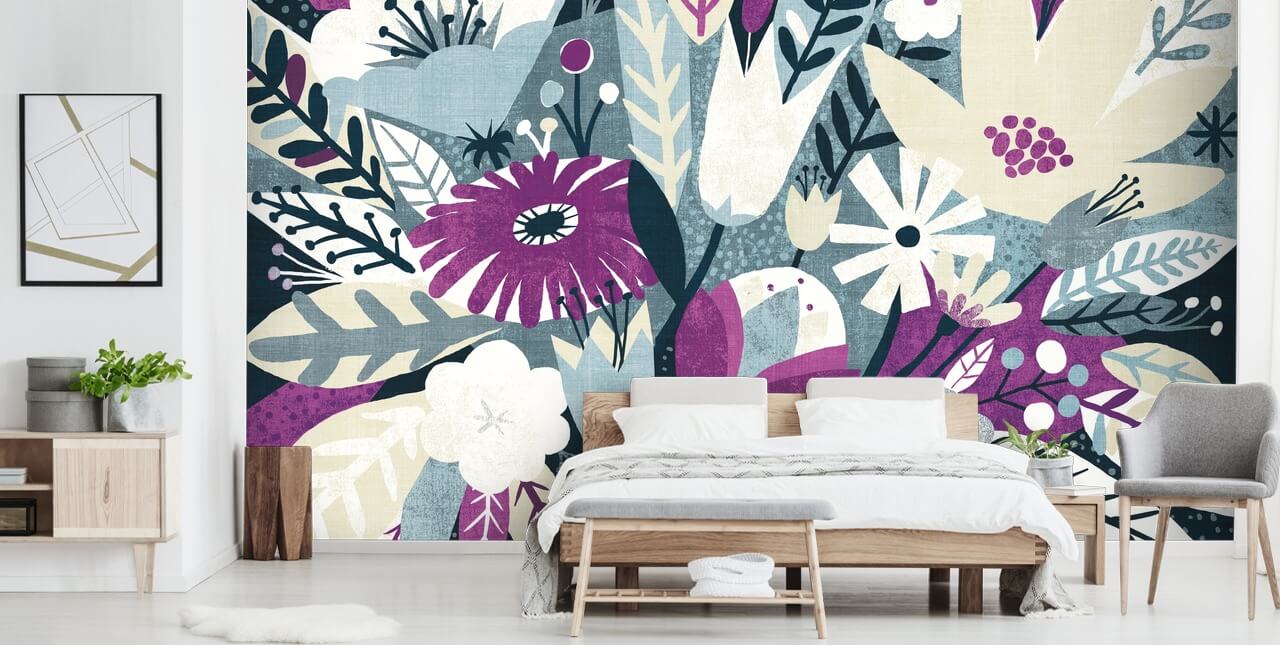 Purple, White and Blue Floral Wallpaper