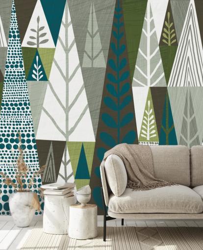 Geometric Green Trees Mural Wallpaper Geometric Green Trees Mural Wallpaper
