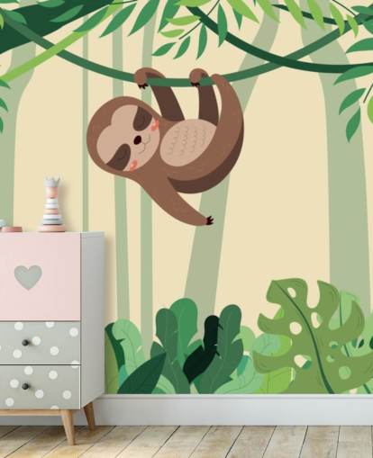 Preguiça na selva está pendurada em um galho, mural de papel de parede de floresta tropical Preguiça na selva está pendurada em um galho, mural de papel de parede de floresta tropical