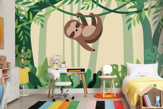 Sloth in jungle hangs on branch tropic forest wallpaper mural