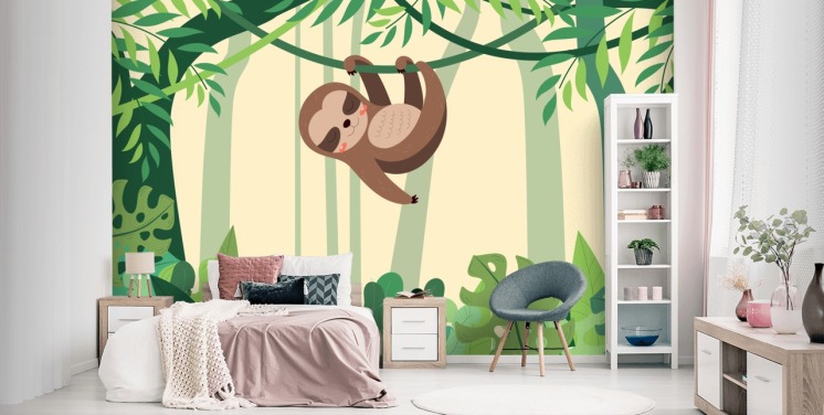 Sloth in jungle hangs on branch tropic forest wallpaper mural