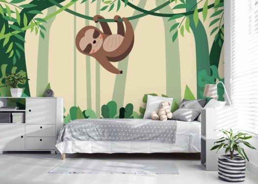Sloth in jungle hangs on branch tropic forest wallpaper mural