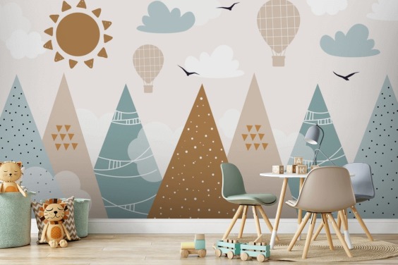 cute doodled mountains wallpaper mural in pastel colours