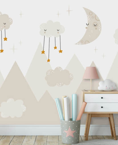 stars raining from clouds cute wallpaper mural with mountains Scandi style stars raining from clouds cute wallpaper mural with mountains Scandi style